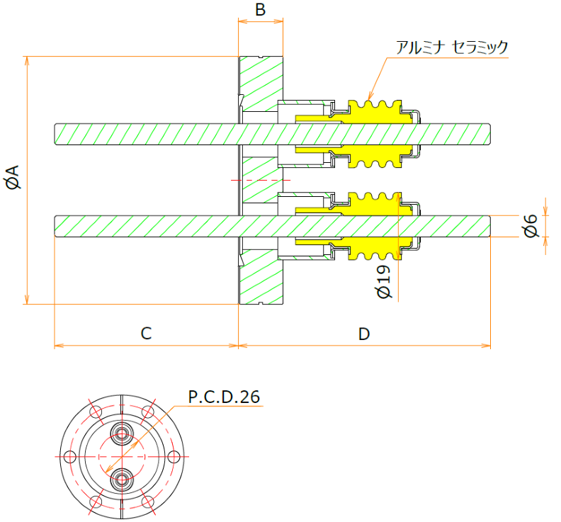 高電流 無酸素銅 電極 6kV - 145A 2個付き ICF70 フランジ 寸法画像